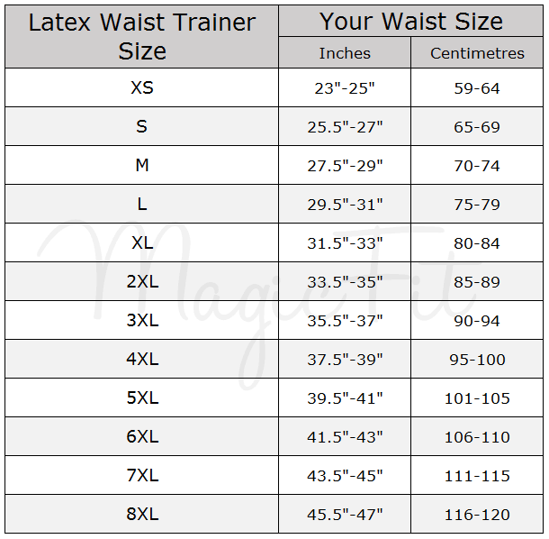latex waist trainer size chart by MagicFit